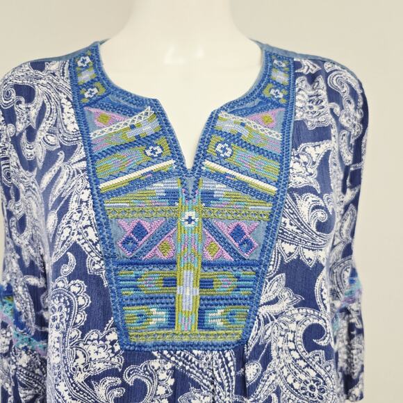 Caleaas Top Blouse Size XL Embroidered Bohemian 3/4 Sleeve Gauze Paisley Boho - Picture 3 of 8